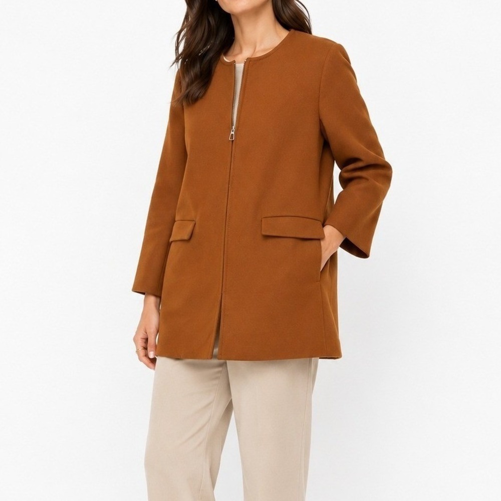 Zara Jacket Women M Tan Brown Zip Front Collarless Structured Coat Minimalist